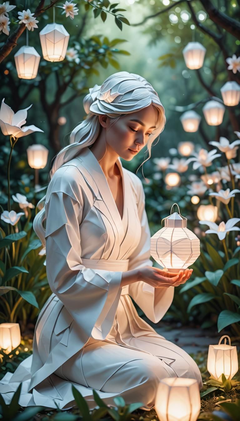 Delicate Origami Woman in Futuristic Garden