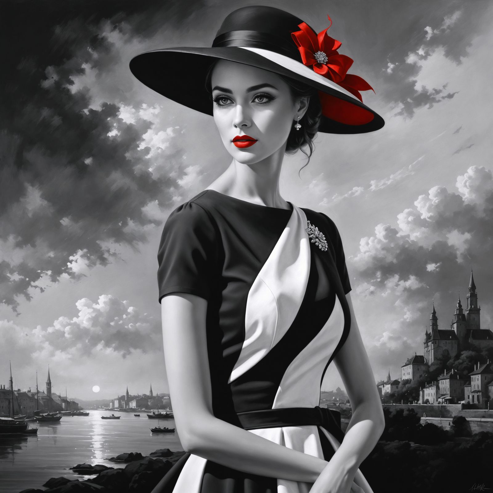 Elegant Woman in Black and White Dress, 3D Rendering