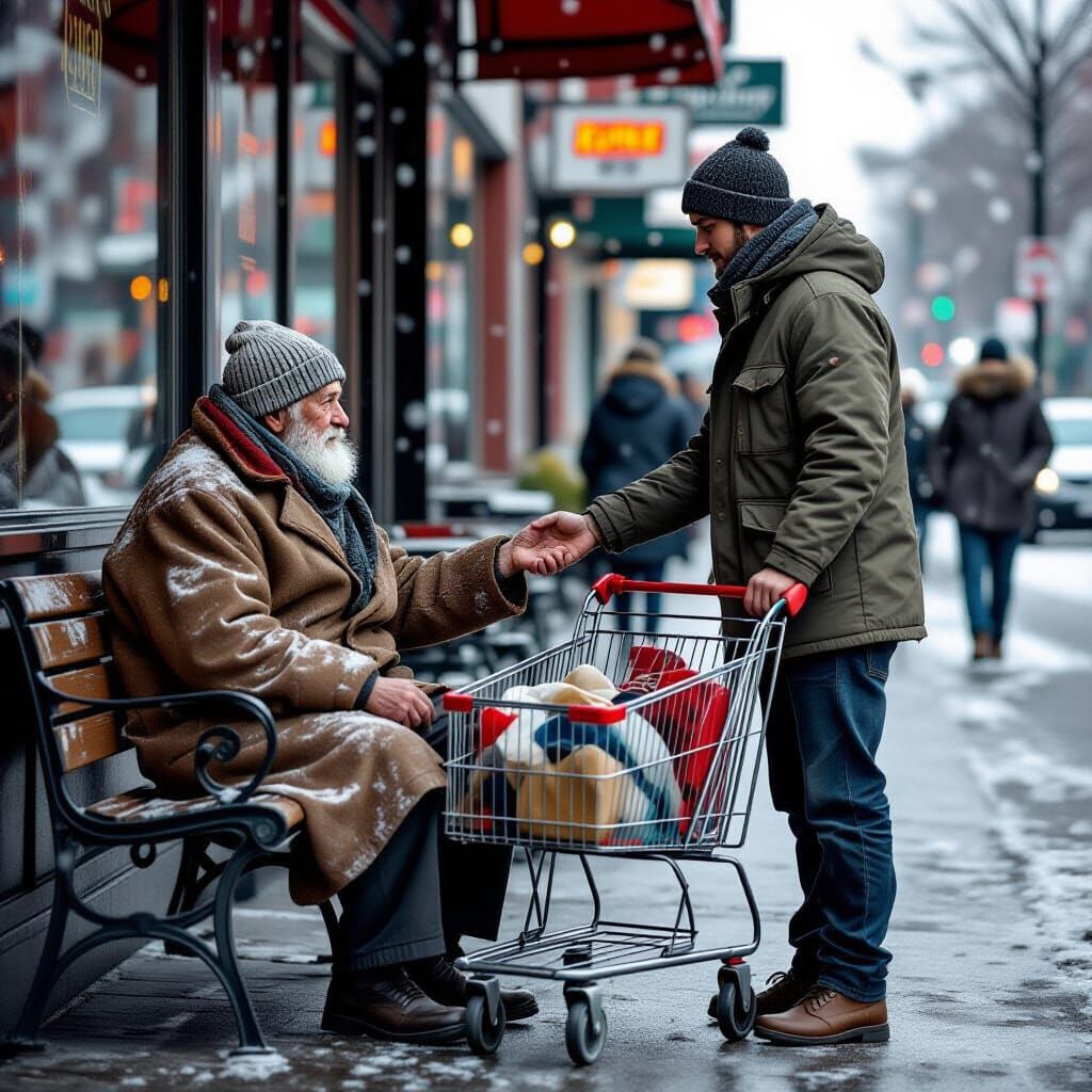 Old Man Offered Coffee Outside Diner in Realistic Style