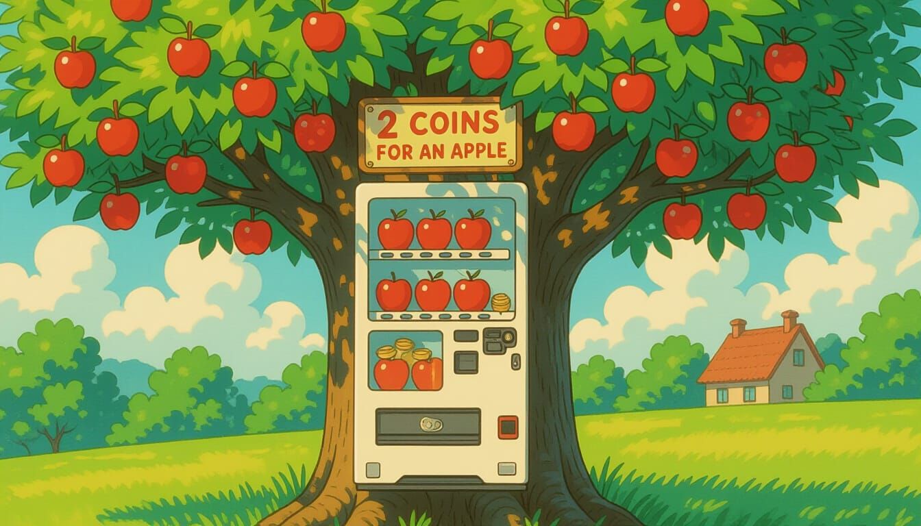 Whimsical Apple Tree Vending Machine in Miyazaki Style