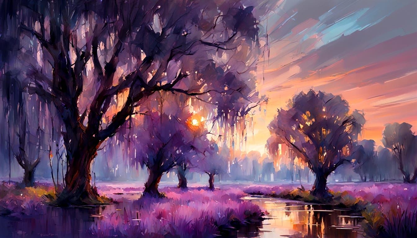 Willow Trees at Sunset in Purple Light