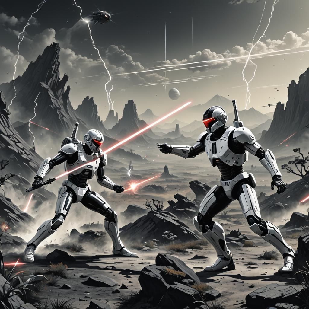 1970s Sci-Fi Landscape: Cyborgs Duel with Laser Swords