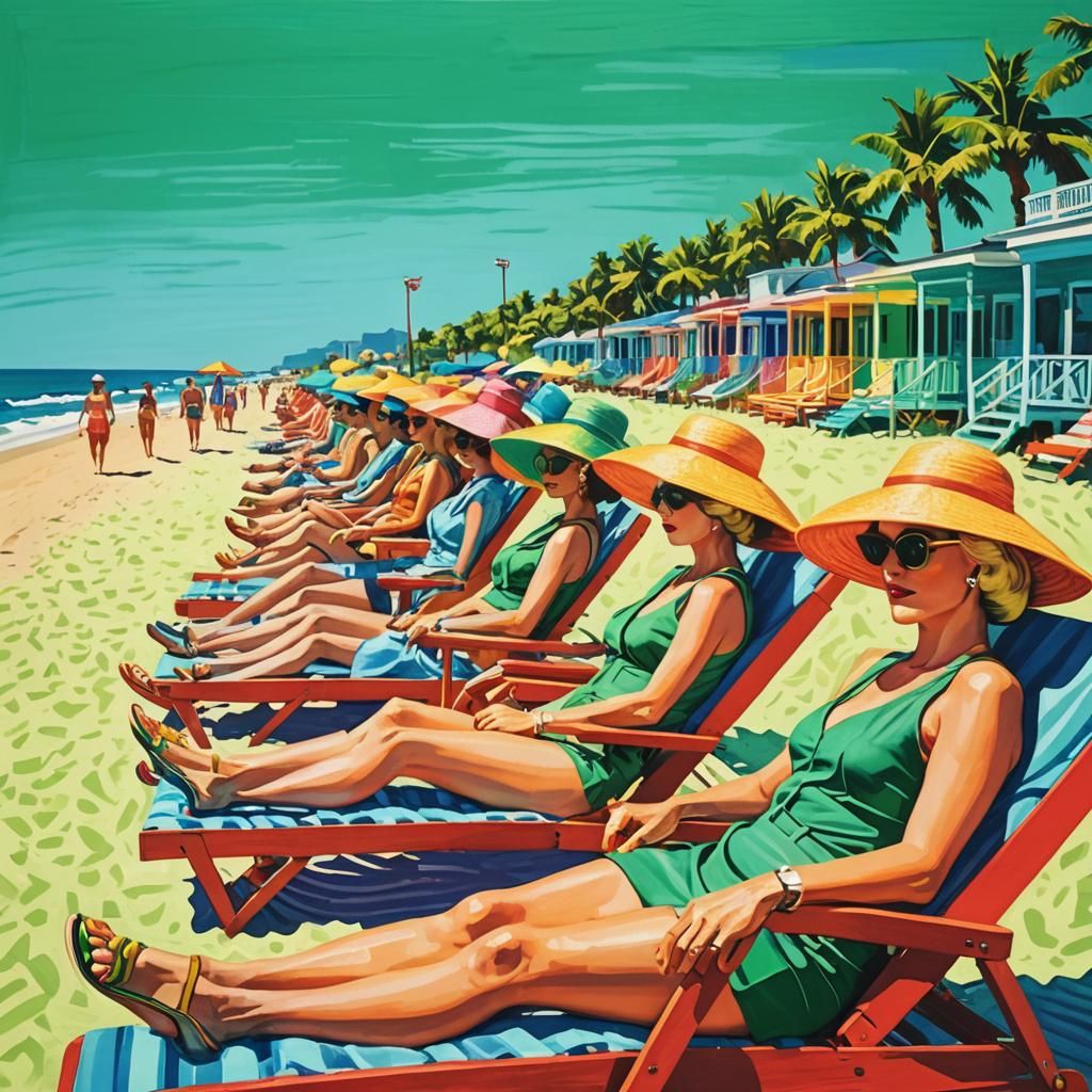 Vibrant Summer Scene with Sunbathing Women in Bright Pop Art