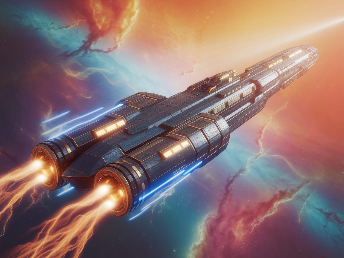 Metallic Battleship Soars Through Galaxy in 3D Render