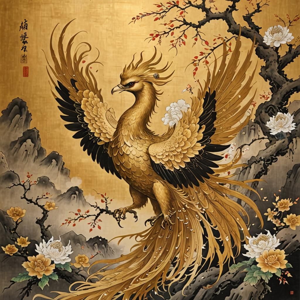 Golden Phoenix in Japanese Painting Style