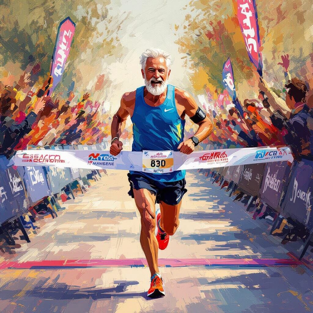 Victorious Old Man Marathon Runner in Impressionist Style
