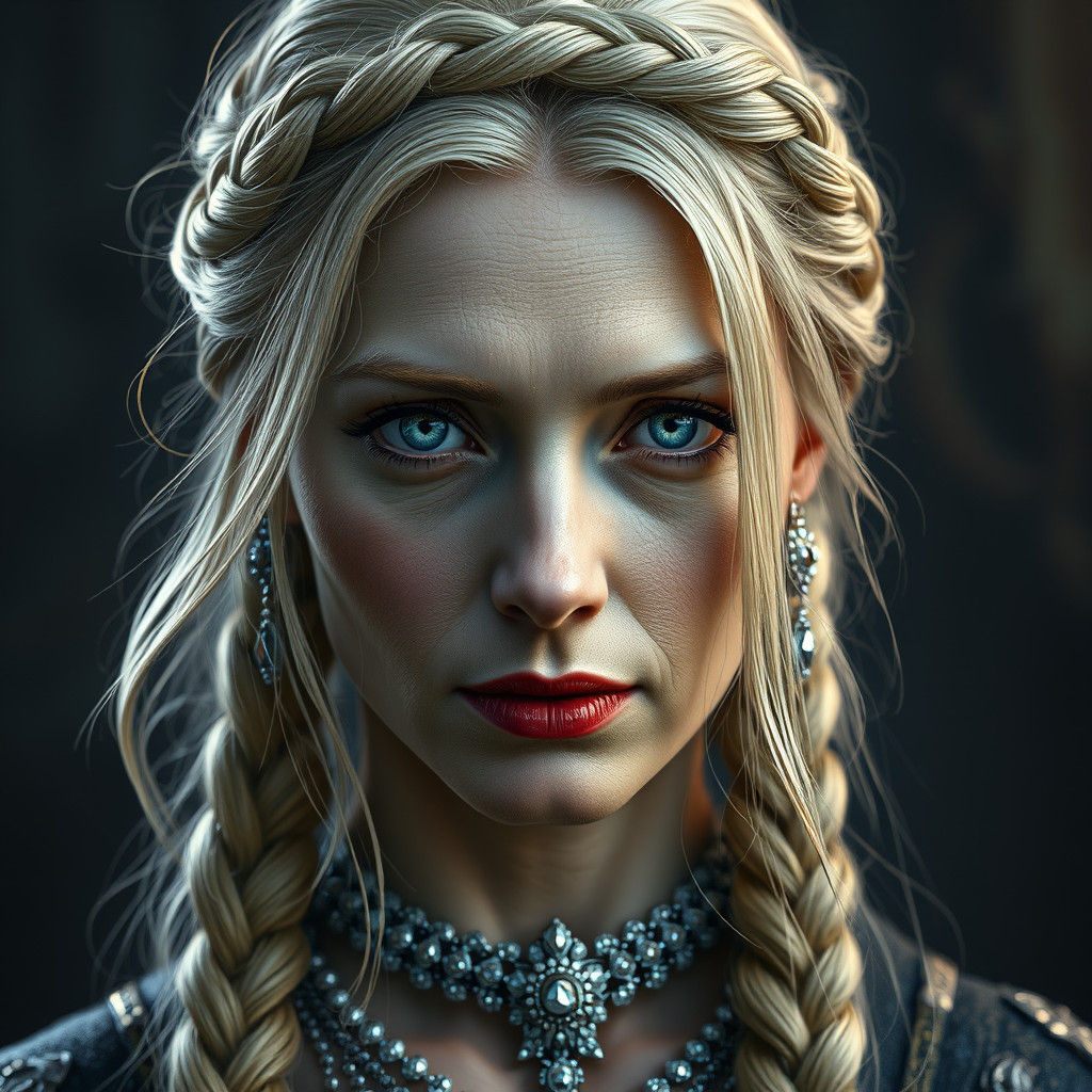 Regal Woman with Silver Braid in Matte Painting Style