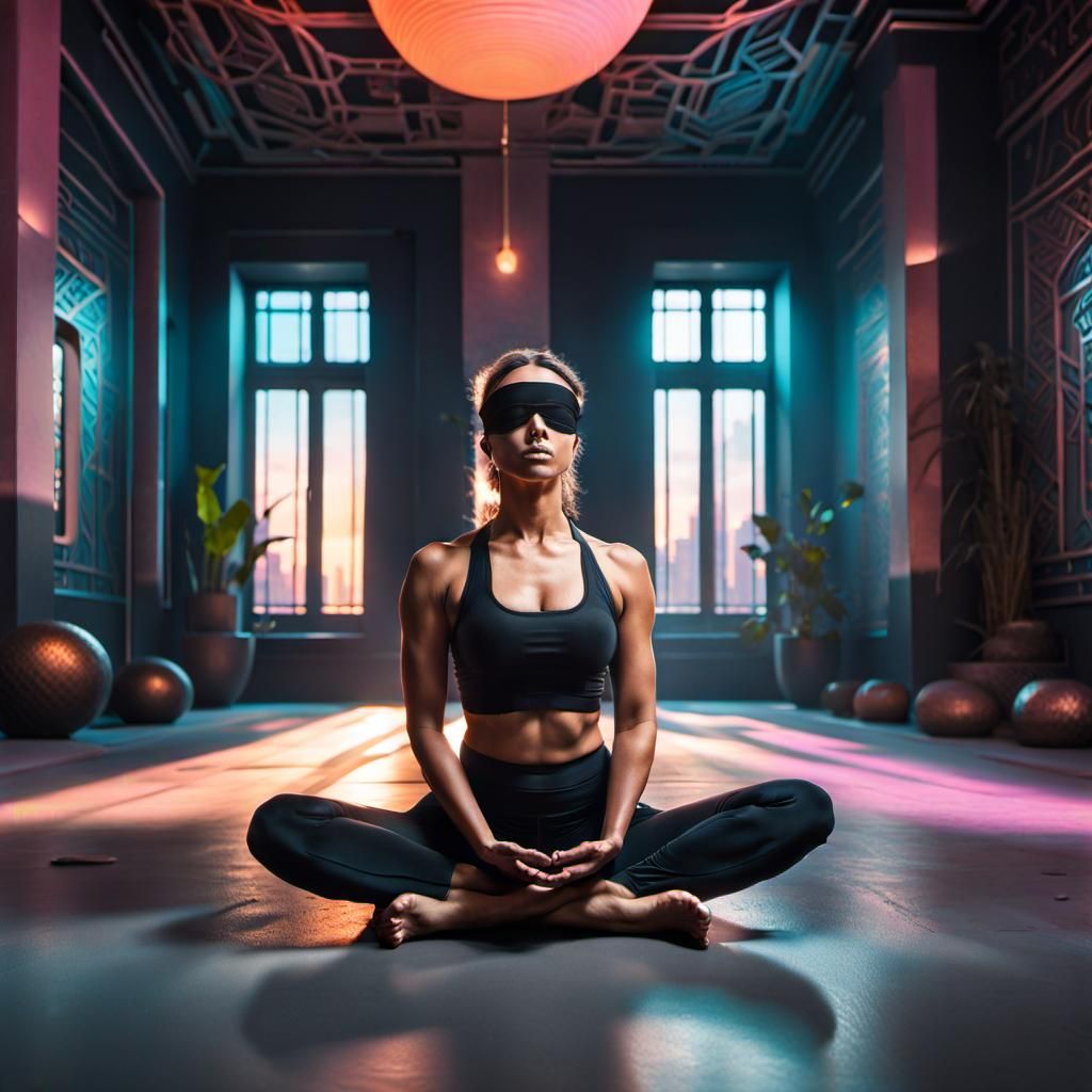 Woman Meditating in Futuristic Pastel Room