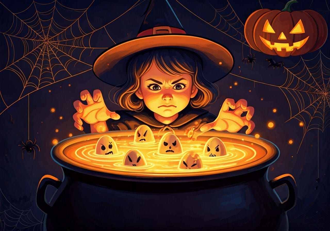 Halloween Witch Bobbing for Cartoon Eggs: Pop Art Style