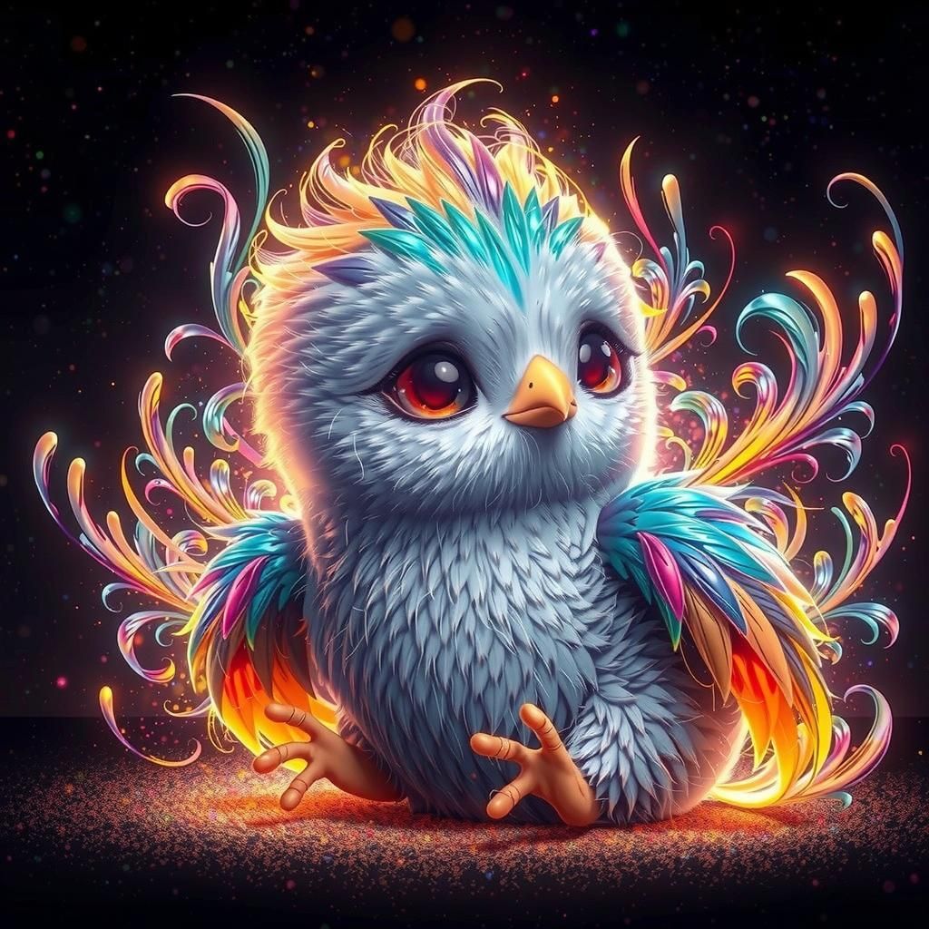 A Cute Baby Phoenix Bird, Cute Baby Phoenix with Glowing Feathers, Glowing Rainbow Feathers, 8K Resolution Concept Art, ...