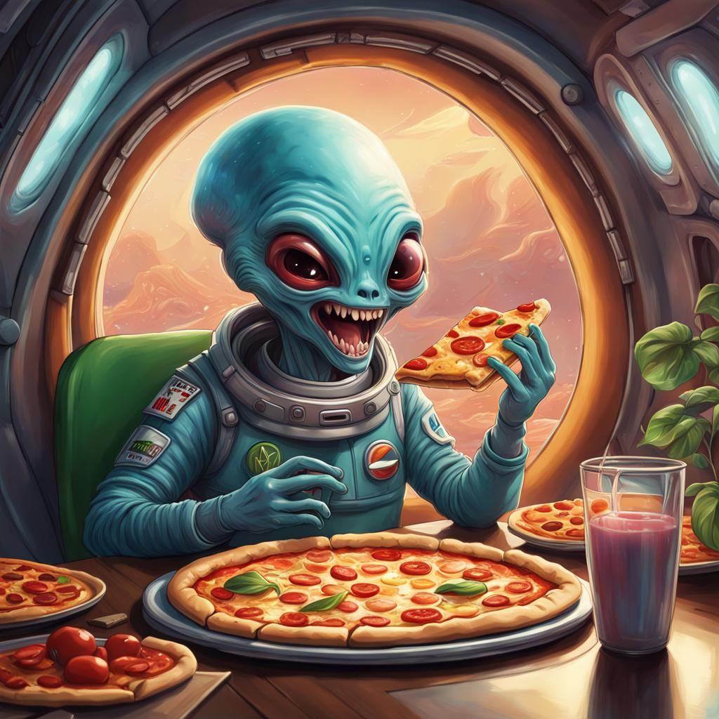 Alien Tries Pizza in Spaceship Restaurant: Splash Art