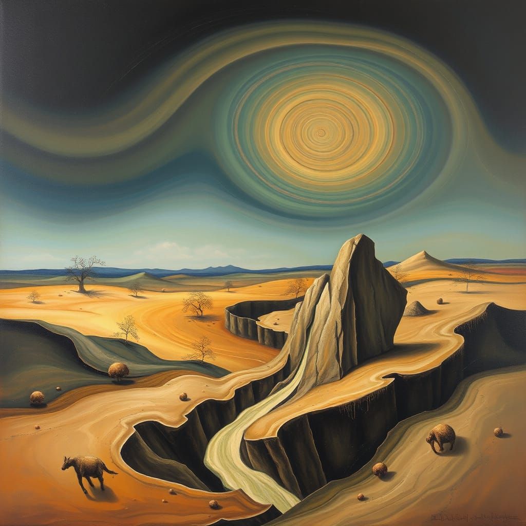 Surreal Warped Landscape with Tilted Horizon in Oil