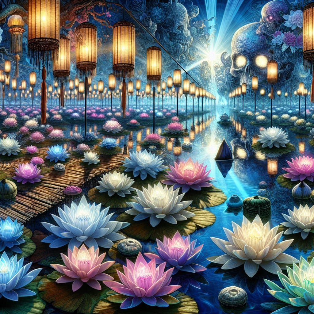 Luminous Skulls and Lotus Flowers in Tranquil Waters