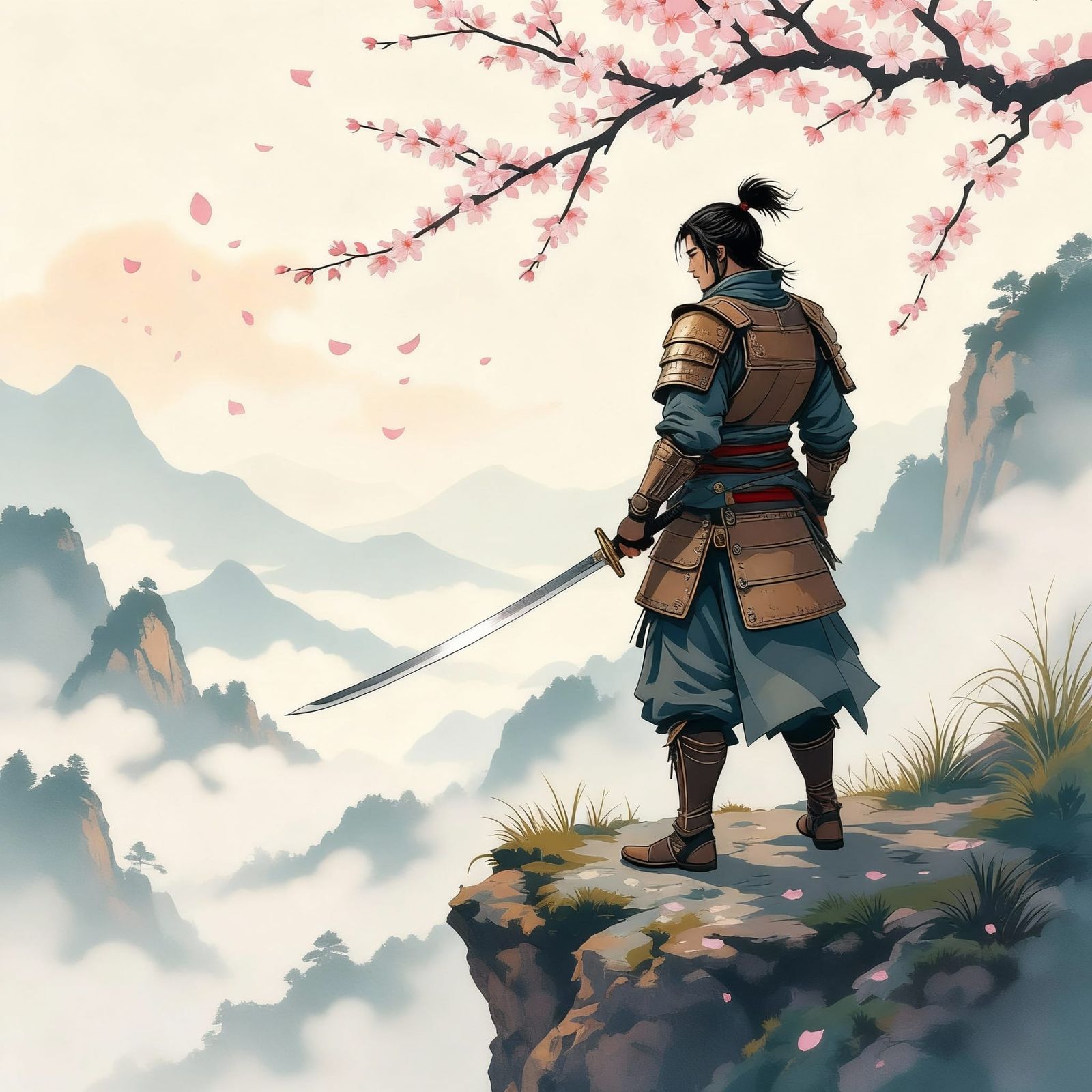 Warrior Overlooking Misty Valley with Cherry Blossoms