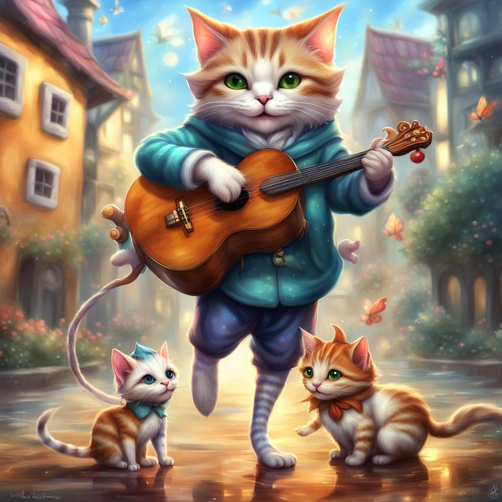 Fantasy Elf-Cats in Watercolor Woodland Style