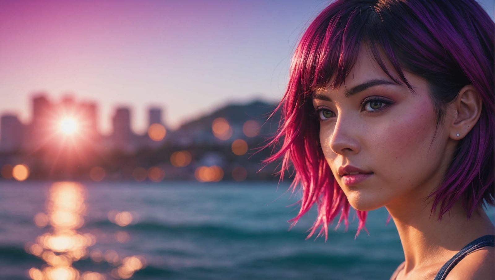 Slickened hair fuchsia anime seaside concert color graded bo...