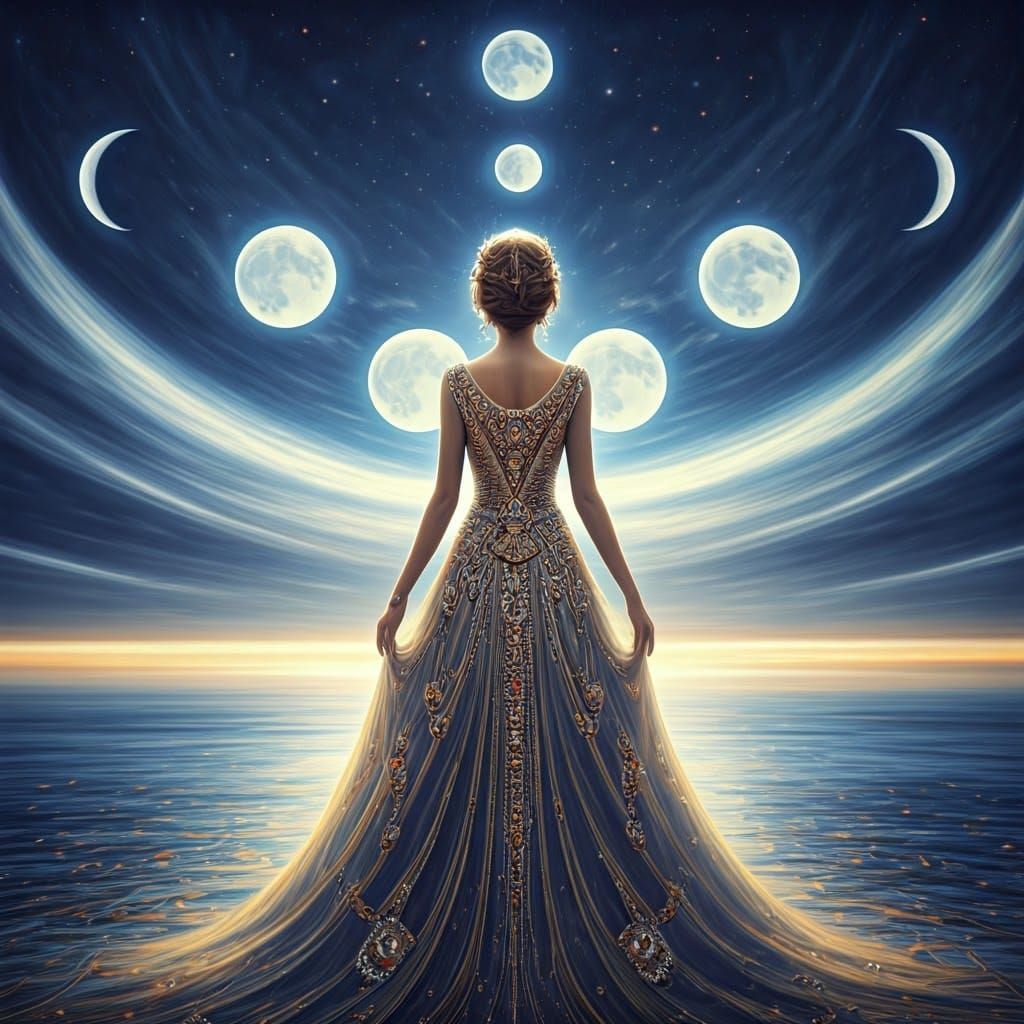 Majestic Woman in Art Deco Gown on Moonscape