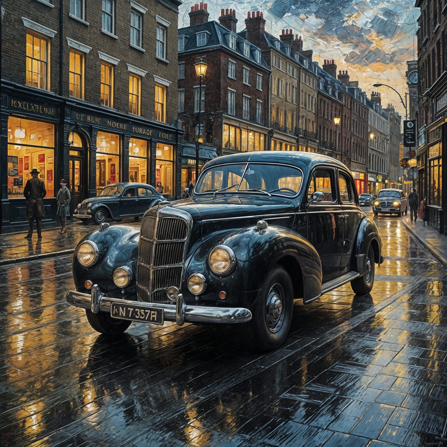 a beautiful 40's car on the streets of a small London town in the early 40's in noir style