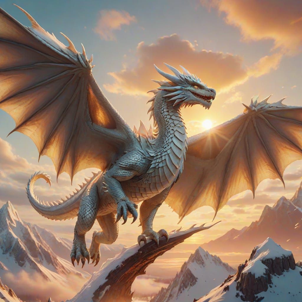 Majestic Ice Dragon Soaring at Sunset