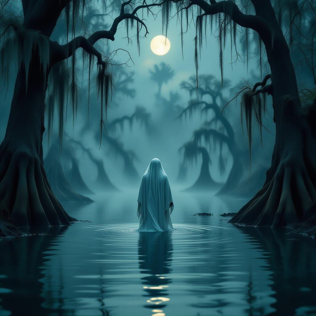 Spectral Figure Drifting Through Foggy Swamp