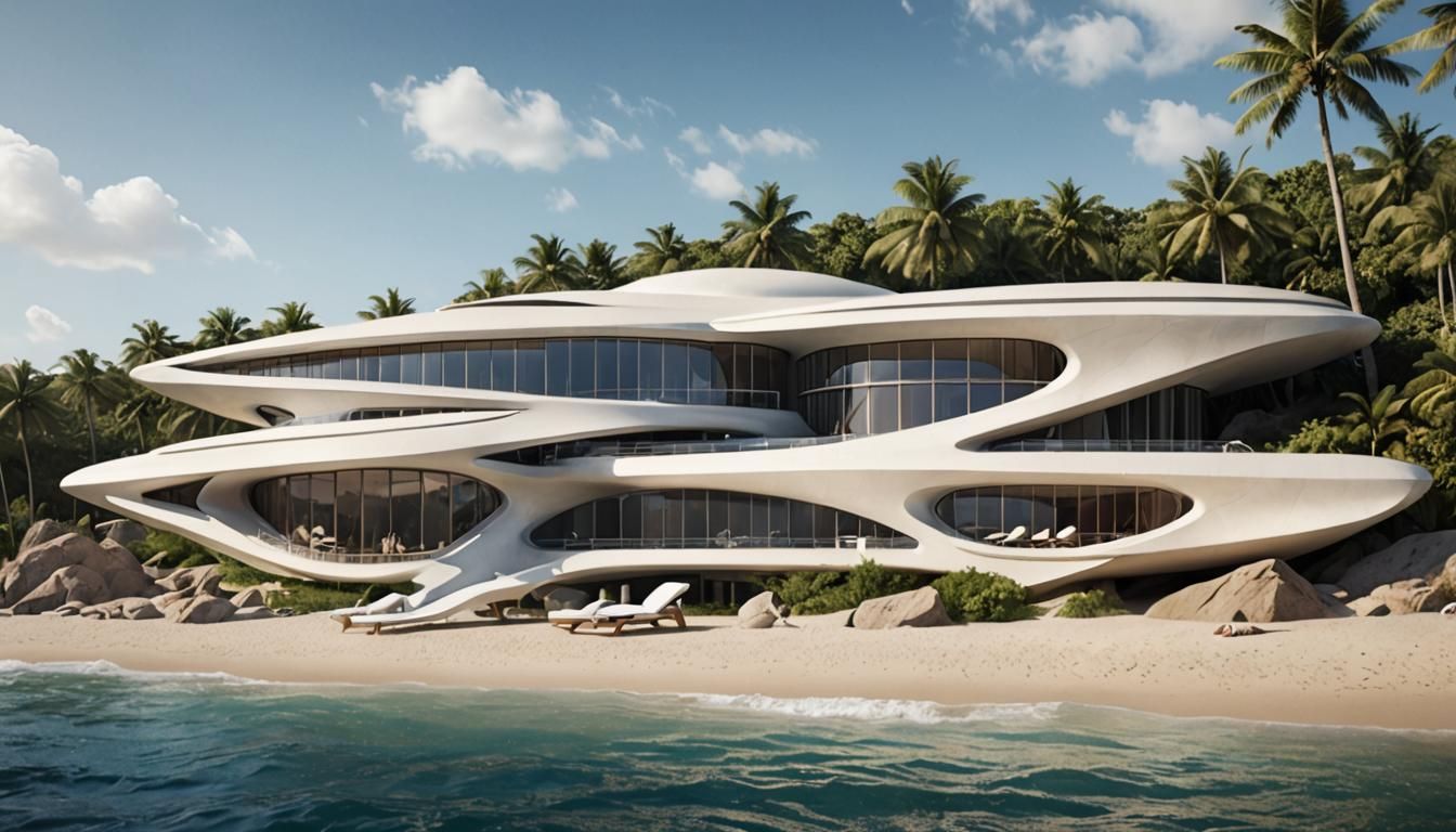 an exterior of a beach resort designed by zaha hadid and fra...