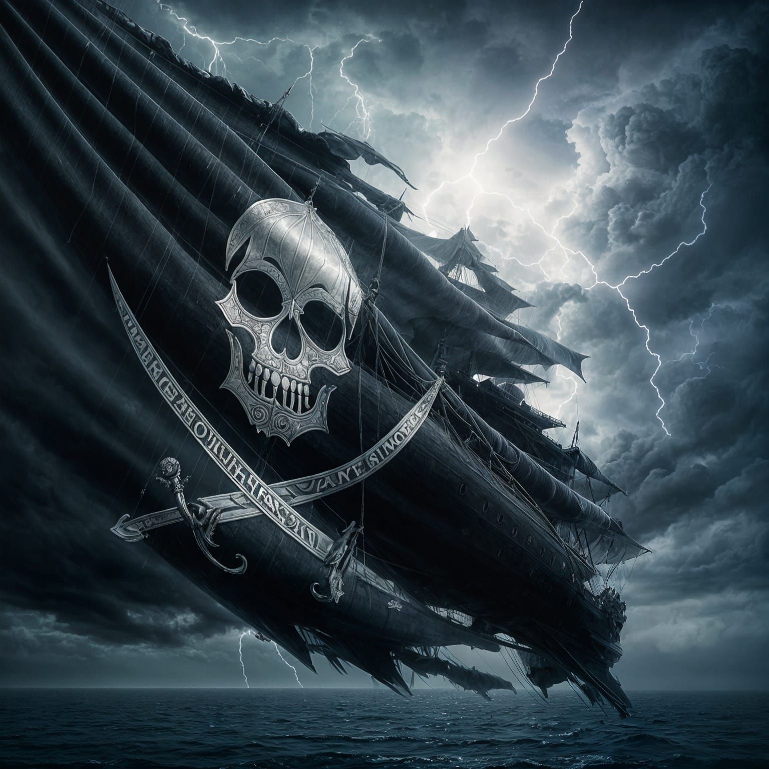 Surreal Pirate Flag Waves in Stormy Fantasy Sky