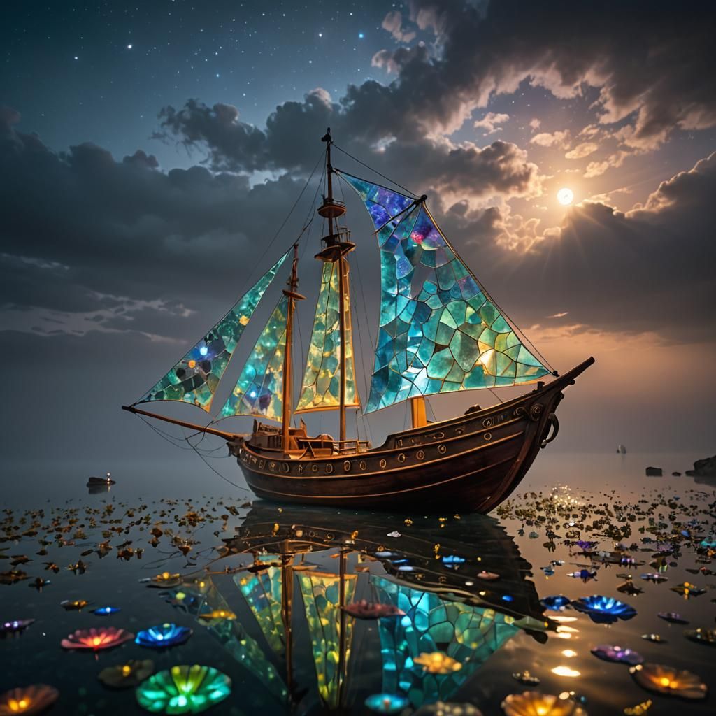 Bioluminescent Mosaic Ship Sailing Smoky Astral Sea