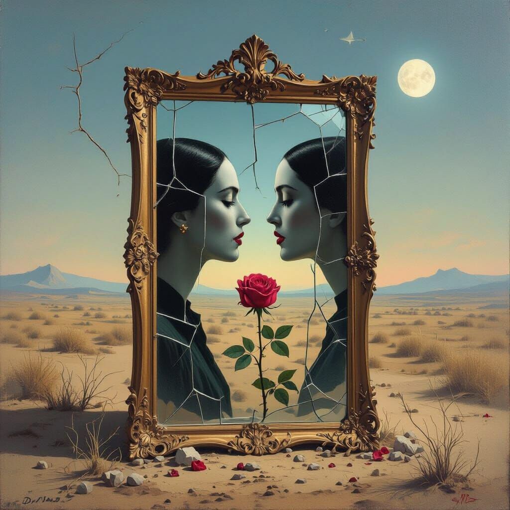 Surreal Oil Painting of Distorted Figure and Wilting Rose