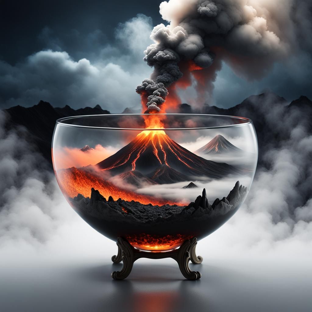 Ethereal Volcano World in Glass Bowl: Digital Illustration