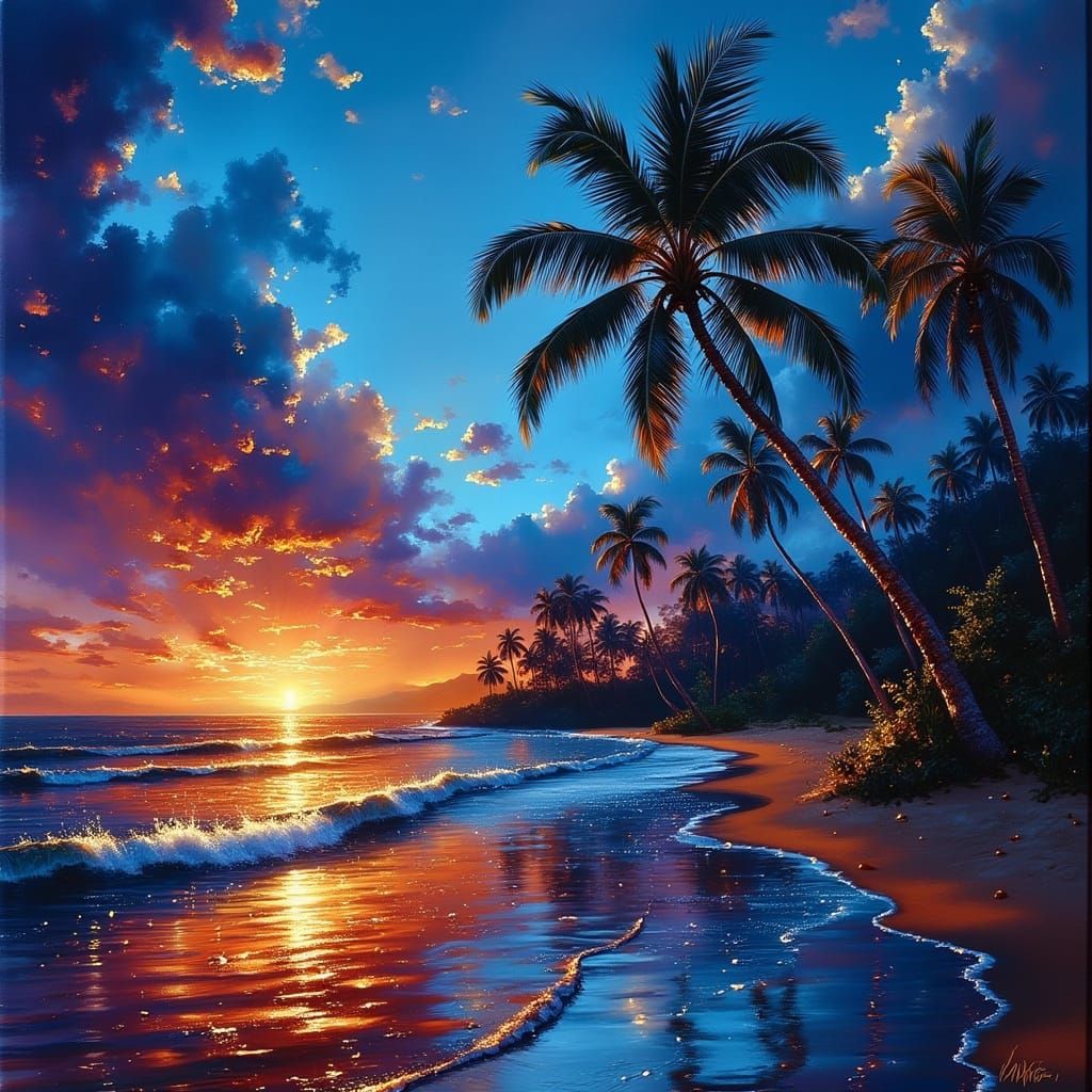 Golden Hawaiian Paradise in Expressive Brushstrokes