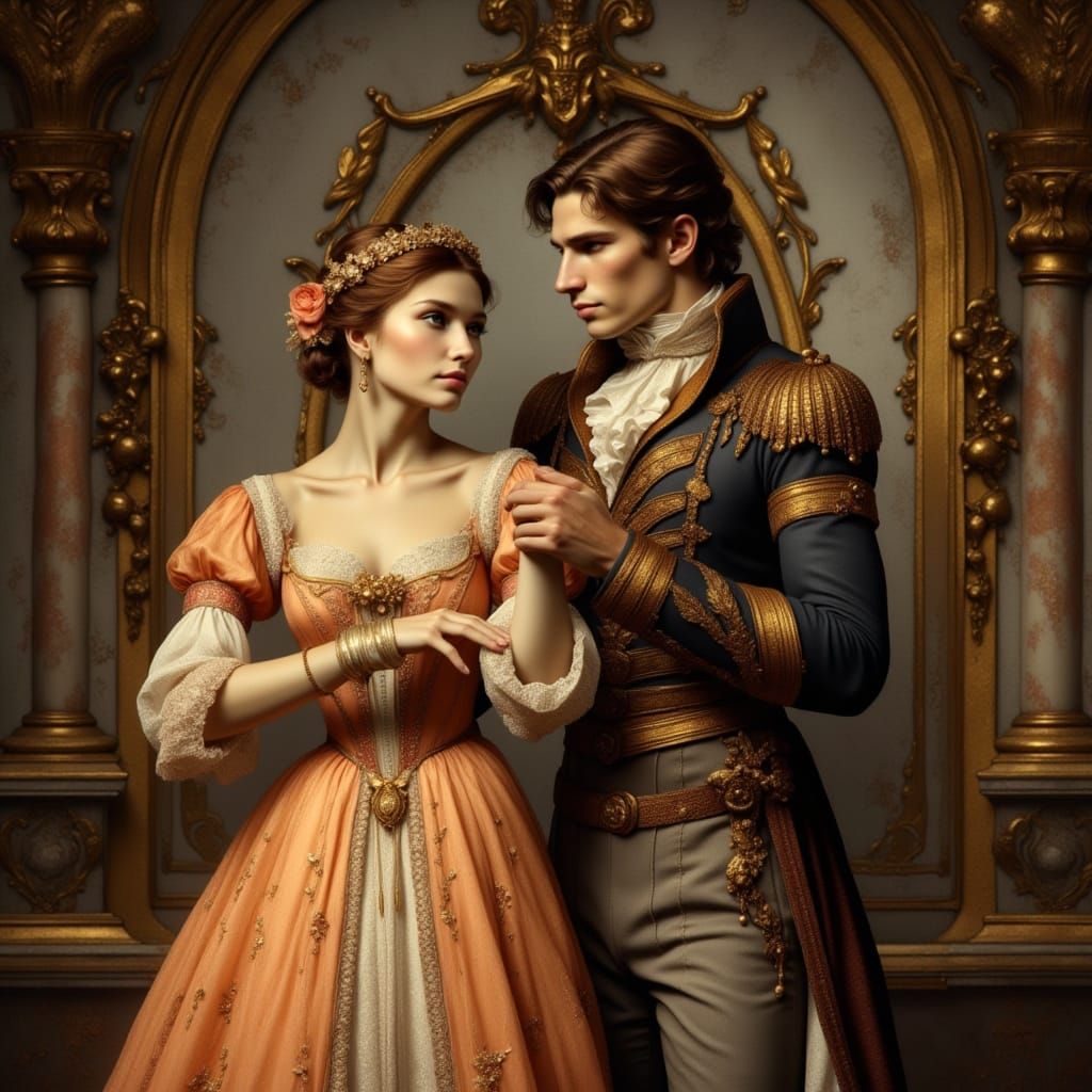 Regency Princess in Apricot Gown Dances with Prince