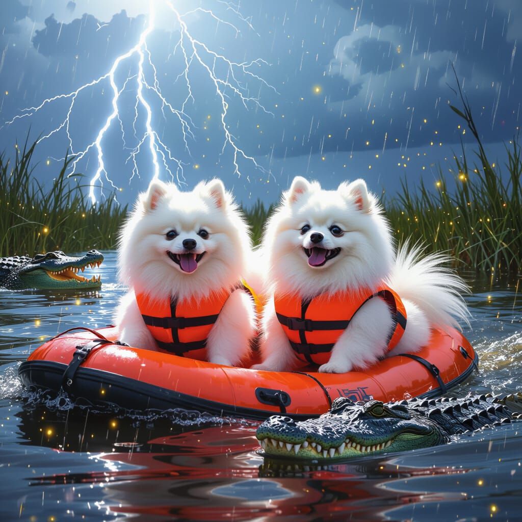 Pomeranians in Life Jackets on Everglades Airboat with Gator...