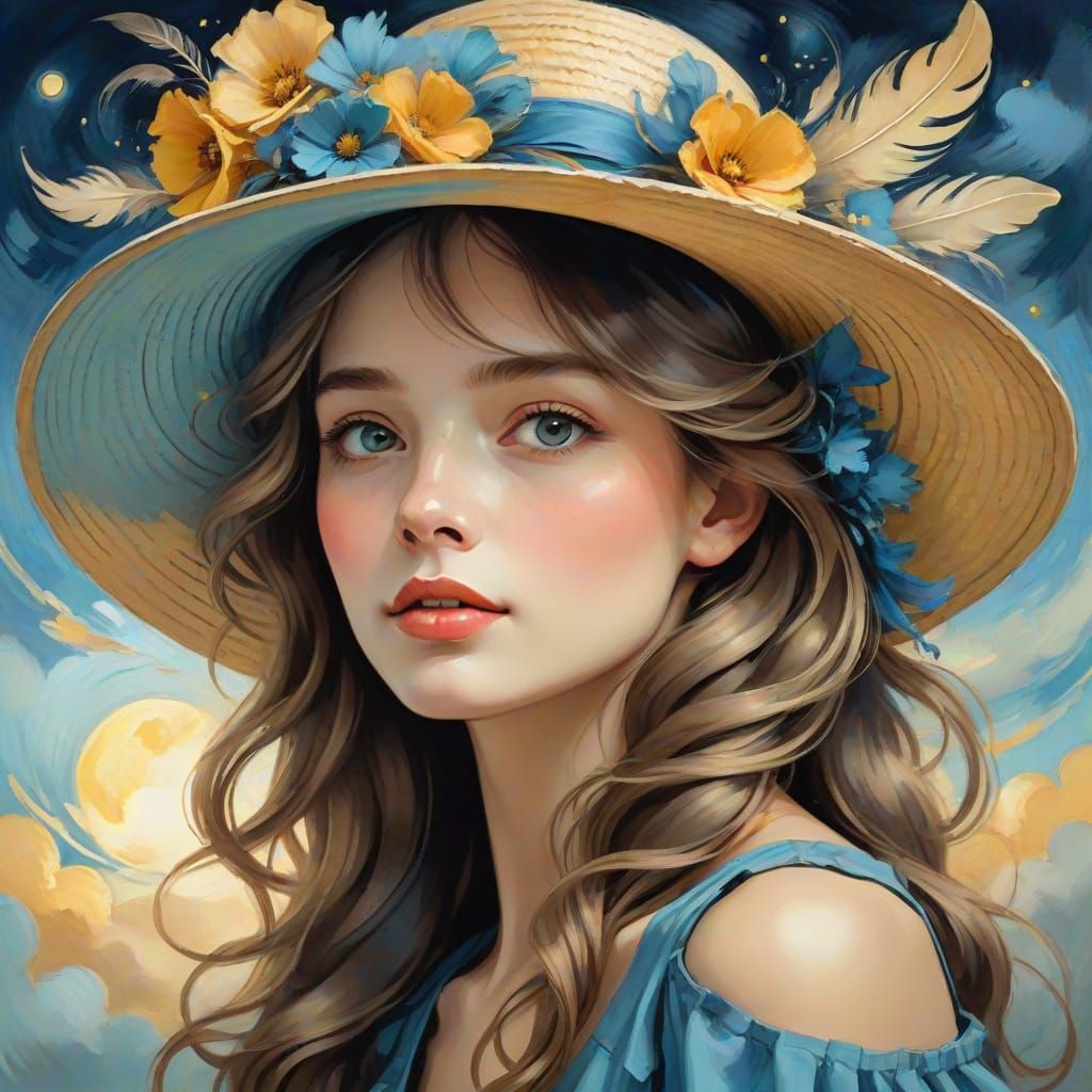 Ethereal Art Nouveau Portrait with Straw Hat and Whimsical C...