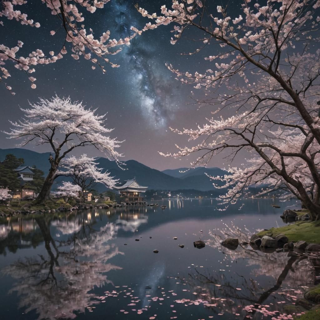 Dreamlike Sakura Nightscape Inspired by Jim Burns