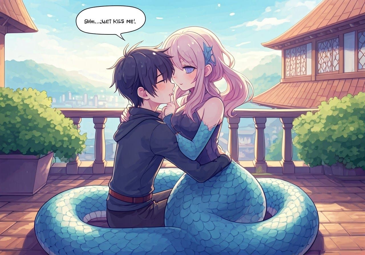 Romantic Anime Lamia Embrace on Rooftop