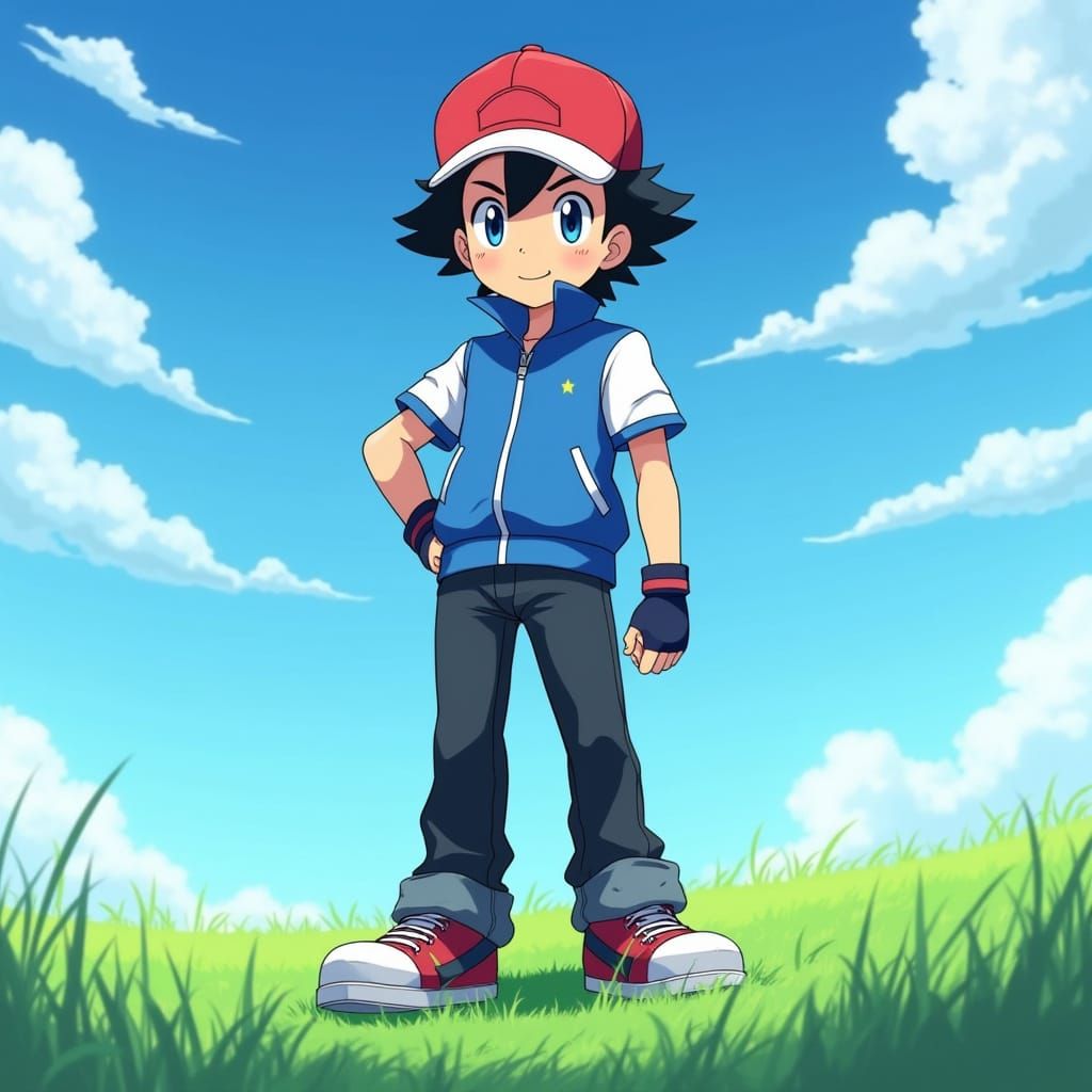 Confident Anime-Style Pokémon Trainer in Vibrant Blue and Re...