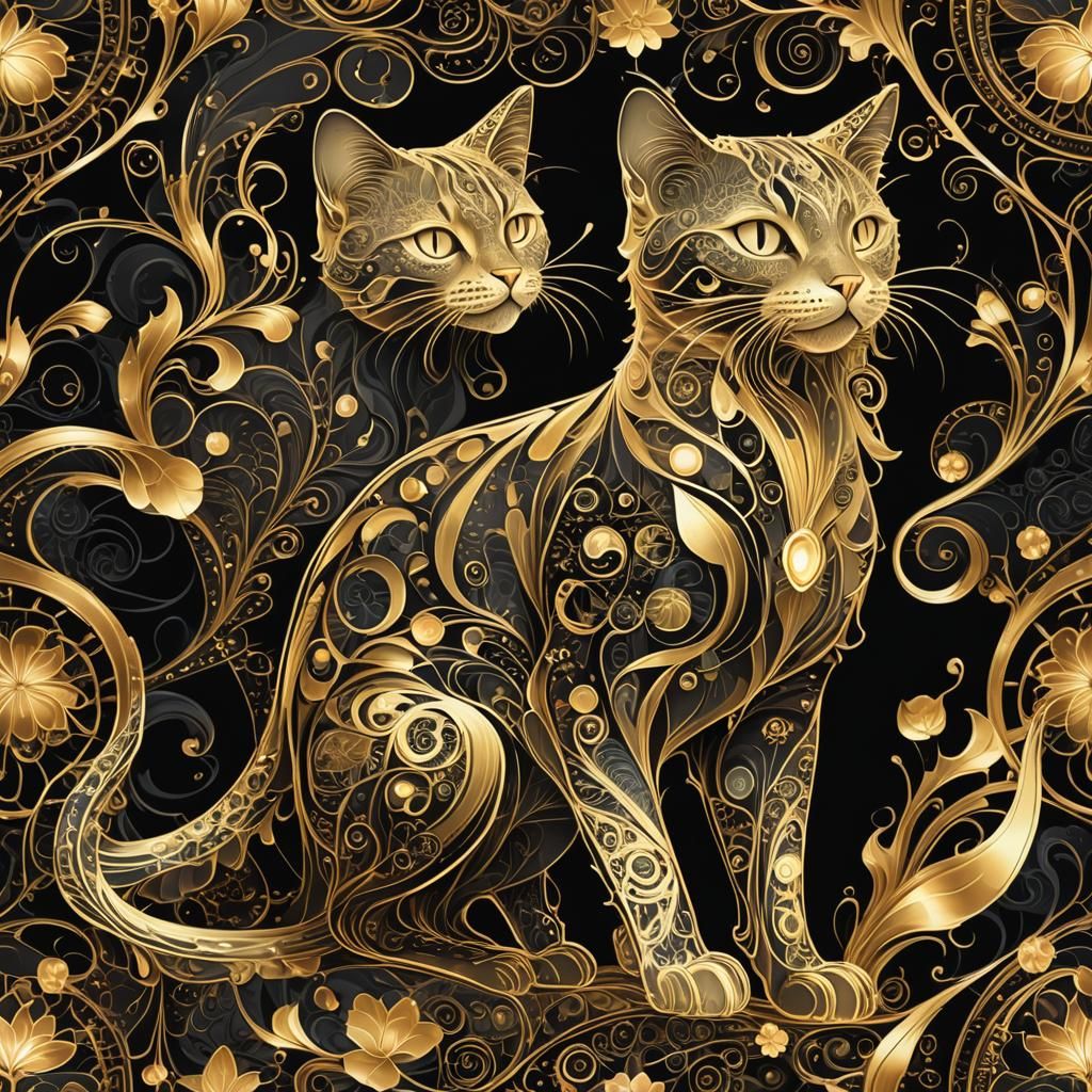 Bioluminescent Gold Cat in Art Nouveau Style