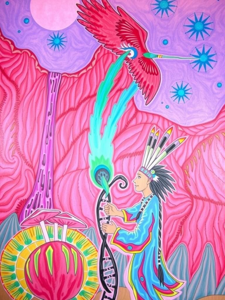 Phoenix and Native American Bonfire in Ethereal Landscape