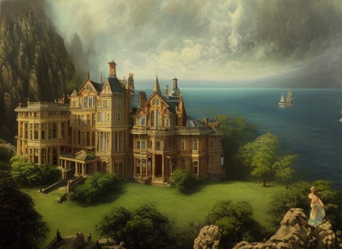 Haunted Victorian Mansion on Stormy Cliff: Digital Painting