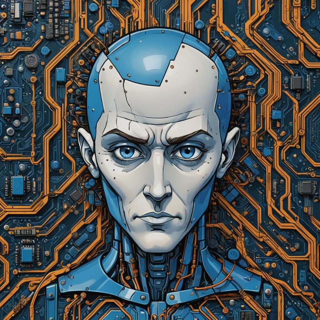 Megamind on Circuit Board in Abstract Ink Art