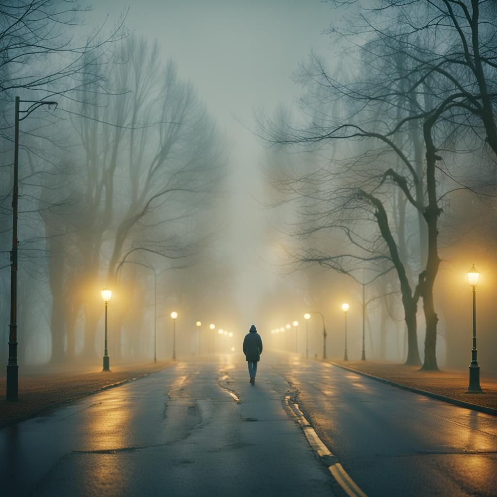 Lone Figure in Fog: Cinematic Film Still