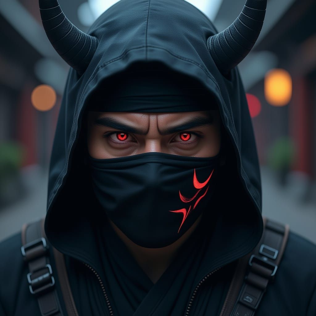 Hyperrealistic Ninja with Demonic Half Face