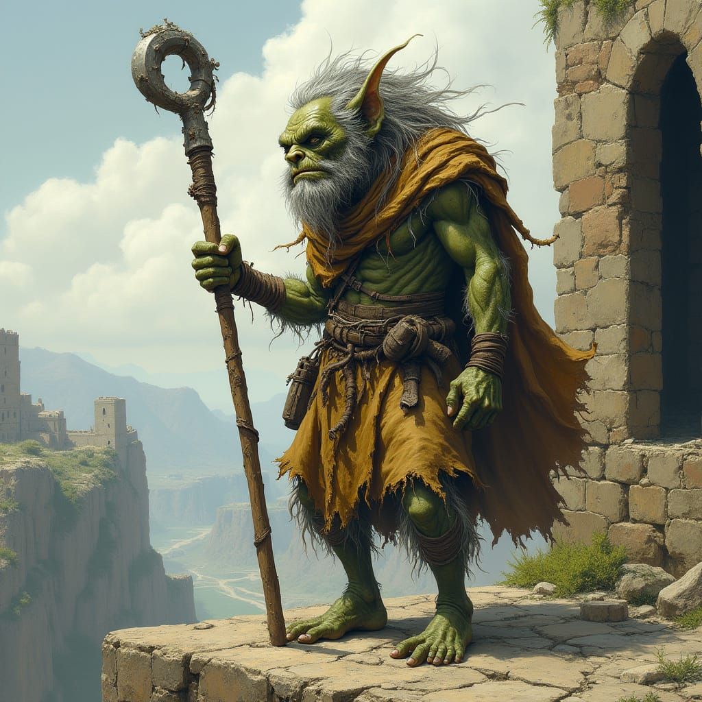 Grizzled Goblin Warlord on Ruined Fortress Parapet
