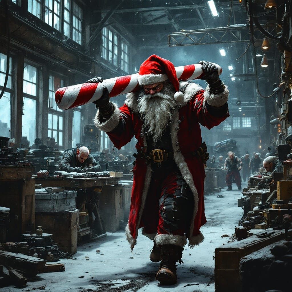 Derelict Dieselpunk Santa Scares Overworked Elf in Grim Work...