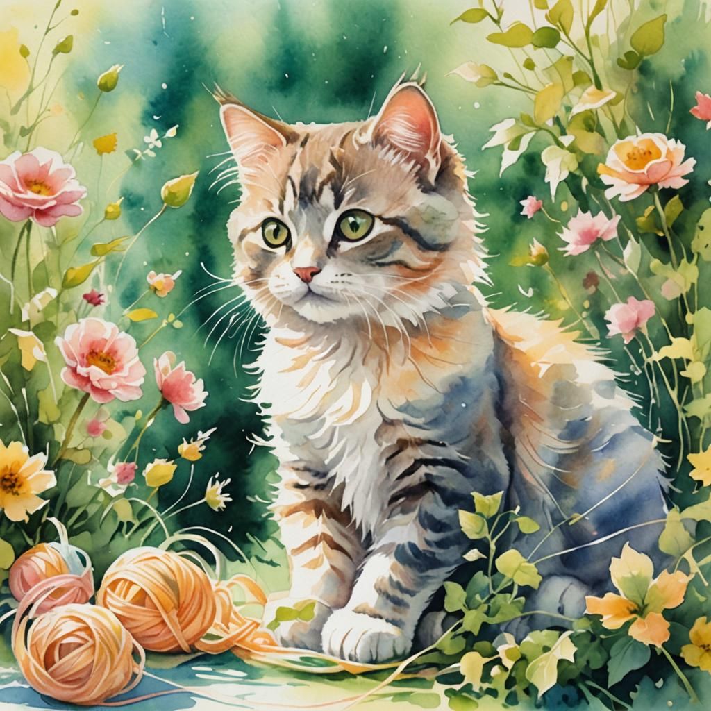 Cute Kitten Playing in Garden: Watercolor Painting