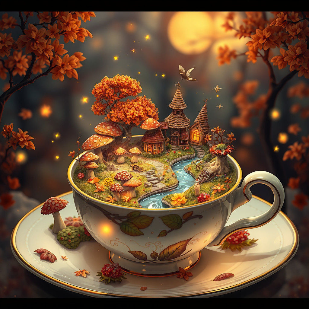 Miniature Autumn World in Teacup, Anime Style