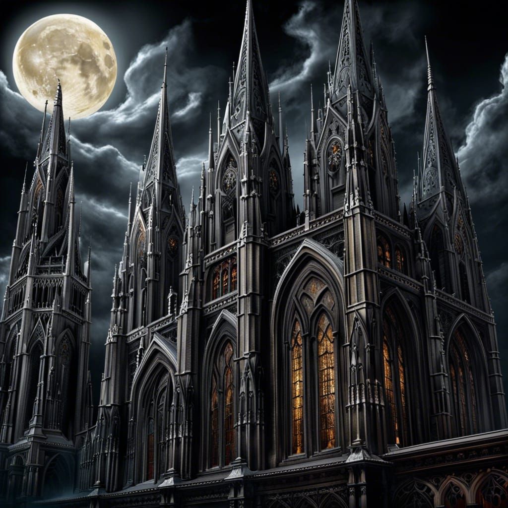 Eerie Gothic Cathedral with Gargoyles in Airbrush Art