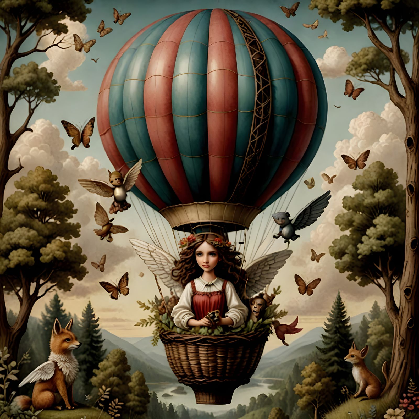 The hot air balloon lifts the angel