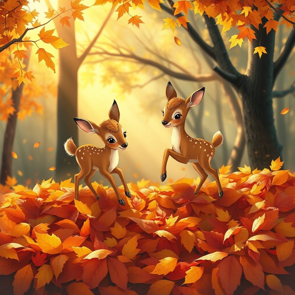 Two Fawns Play in Autumn Leaves