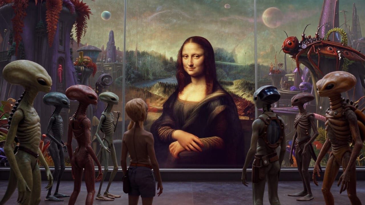 Aliens Admire Insectoid Mona Lisa in Exotic Museum